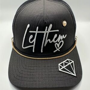 Black Cap with White Embroidery and Gold Chain